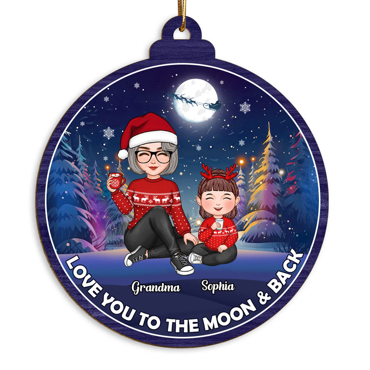 Cute Grandma Grandkids Christmas Moon Night Colorful Tree Personalized Wooden Ornament