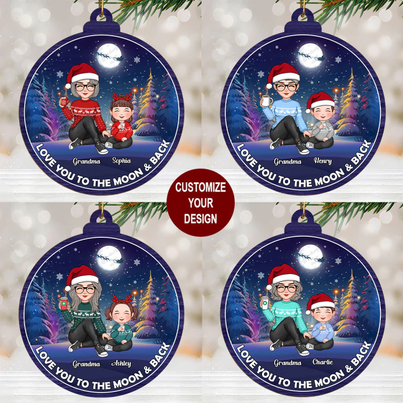 Cute Grandma Grandkids Christmas Moon Night Colorful Tree Personalized Wooden Ornament - Image 2
