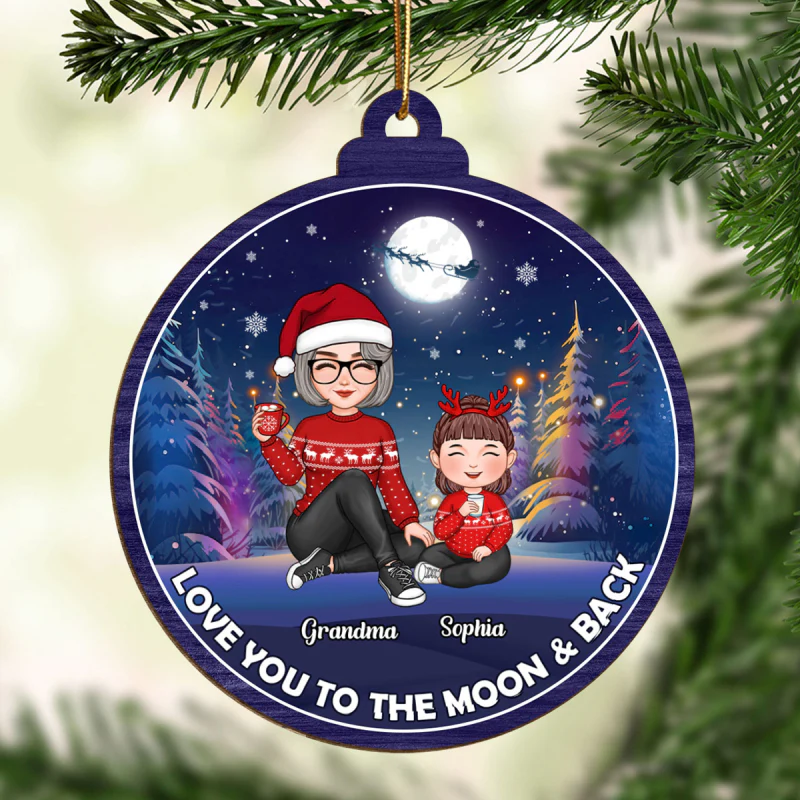 Cute Grandma Grandkids Christmas Moon Night Colorful Tree Personalized Wooden Ornament - Image 3