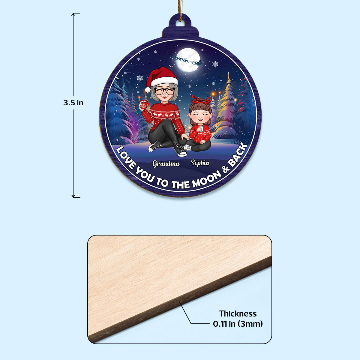 Cute Grandma Grandkids Christmas Moon Night Colorful Tree Personalized Wooden Ornament - Image 4