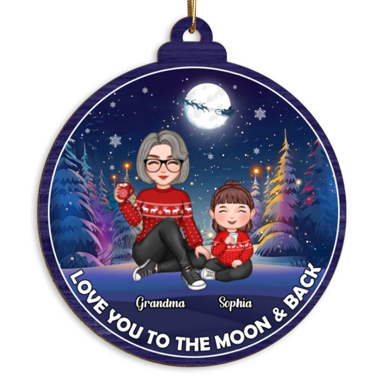Cute Grandma Grandkids Christmas Moon Night Colorful Tree Personalized Wooden Ornament - Image 5