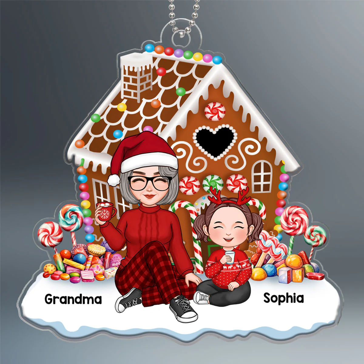 Cute Grandma & Grandkids Granddaughters Grandsons Sitting Christmas Gingerbread House Personalized Acrylic Ornament - Image 2