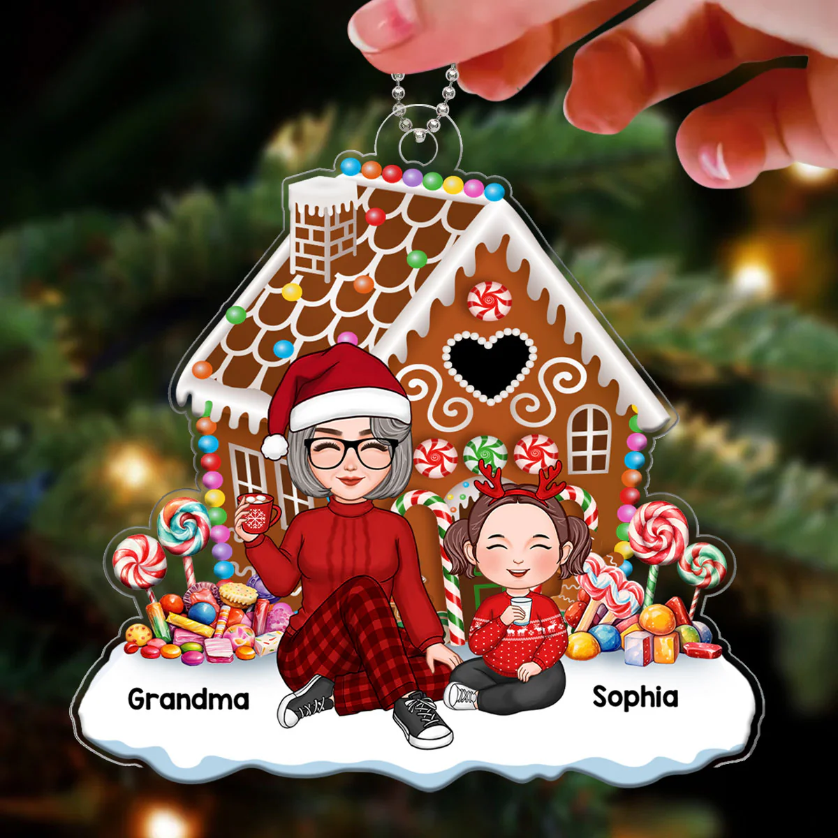Cute Grandma & Grandkids Granddaughters Grandsons Sitting Christmas Gingerbread House Personalized Acrylic Ornament - Image 3