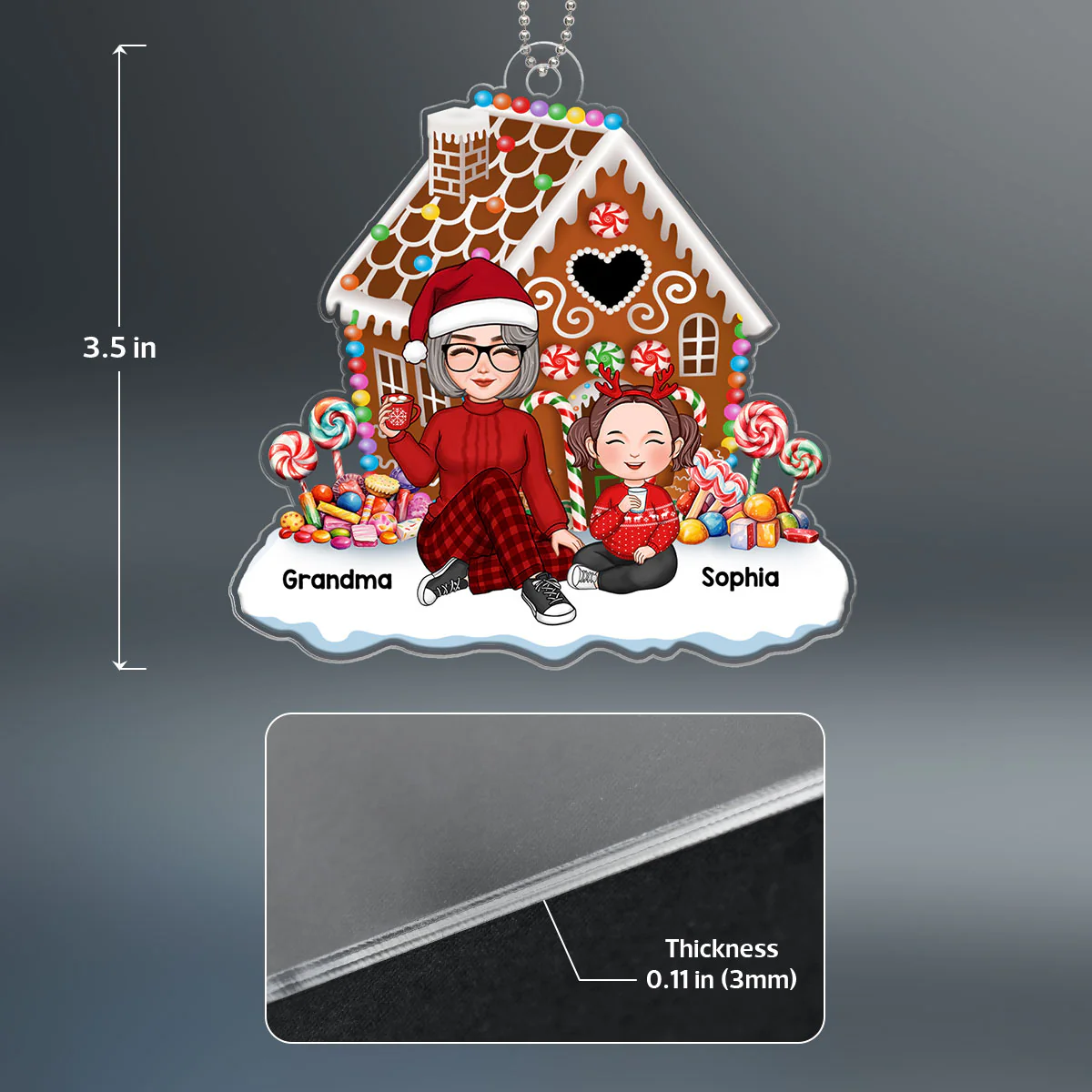 Cute Grandma & Grandkids Granddaughters Grandsons Sitting Christmas Gingerbread House Personalized Acrylic Ornament - Image 4