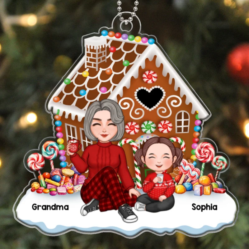 Cute Grandma & Grandkids Granddaughters Grandsons Sitting Christmas Gingerbread House Personalized Acrylic Ornament - Image 5
