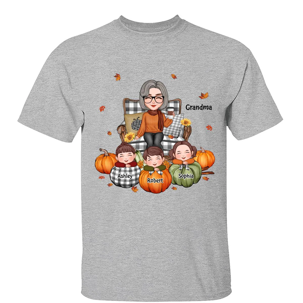 Cute Grandma Grandkids On Chair Kids On Pumpkins Personalized Shirt