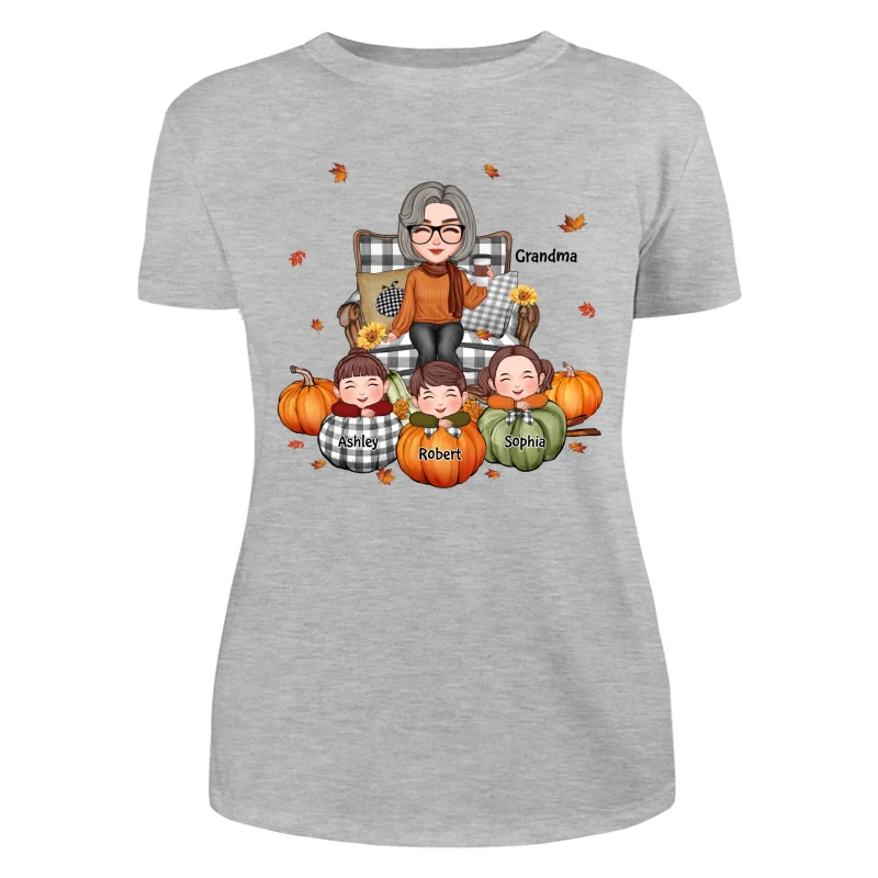 Cute Grandma Grandkids On Chair Kids On Pumpkins Personalized Shirt - Image 10