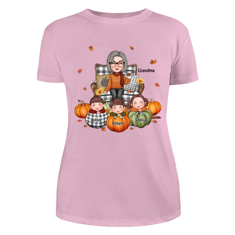 Cute Grandma Grandkids On Chair Kids On Pumpkins Personalized Shirt - Image 11