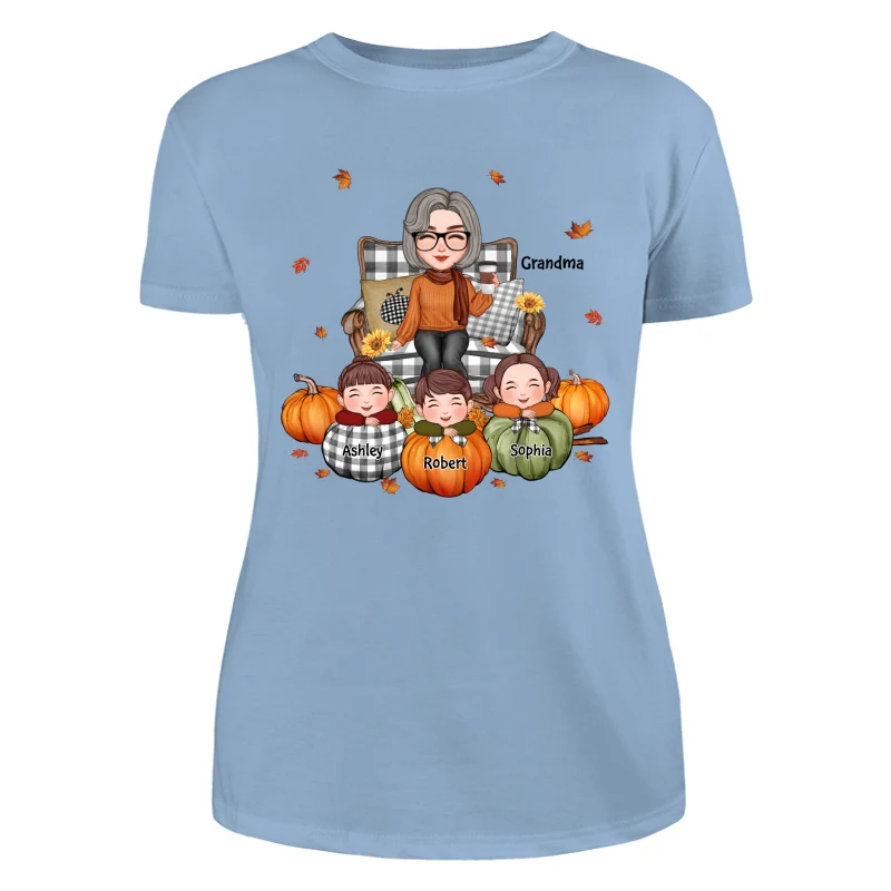 Cute Grandma Grandkids On Chair Kids On Pumpkins Personalized Shirt - Image 12