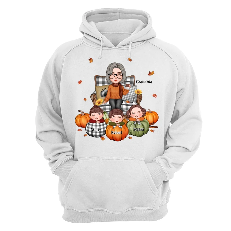 Cute Grandma Grandkids On Chair Kids On Pumpkins Personalized Shirt - Image 13