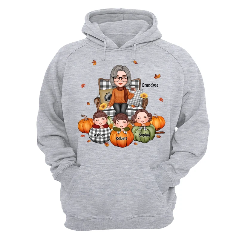 Cute Grandma Grandkids On Chair Kids On Pumpkins Personalized Shirt - Image 14