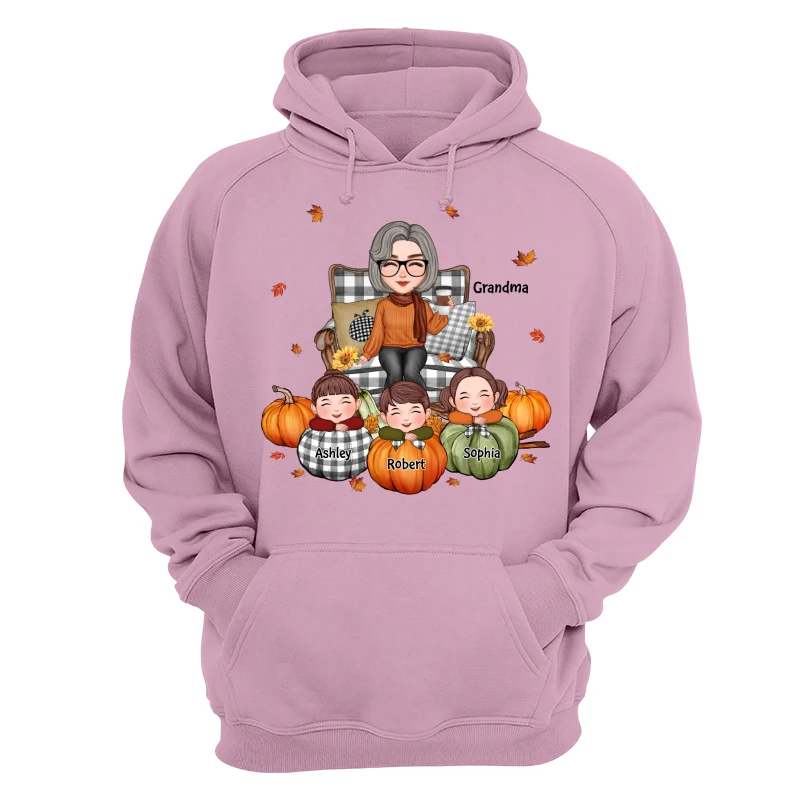 Cute Grandma Grandkids On Chair Kids On Pumpkins Personalized Shirt - Image 15