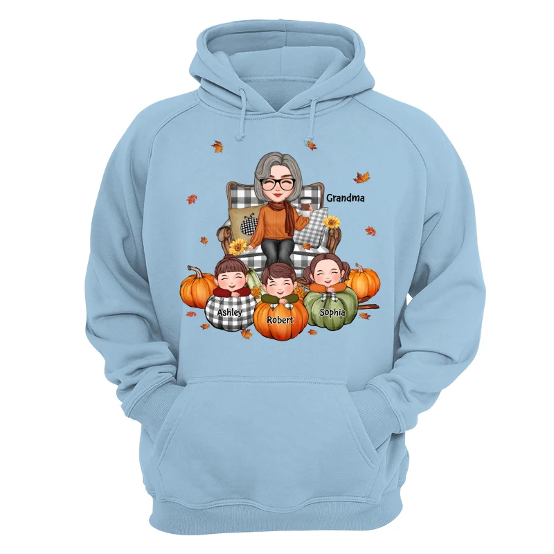 Cute Grandma Grandkids On Chair Kids On Pumpkins Personalized Shirt - Image 16