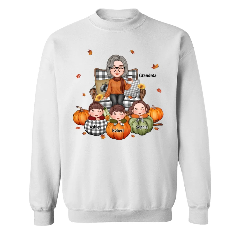 Cute Grandma Grandkids On Chair Kids On Pumpkins Personalized Shirt - Image 17