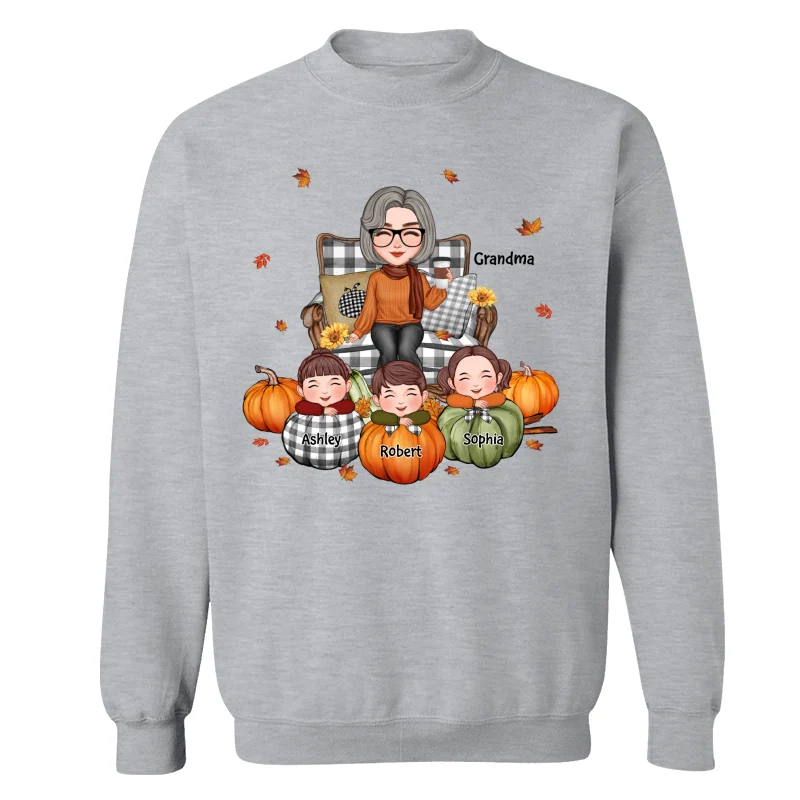 Cute Grandma Grandkids On Chair Kids On Pumpkins Personalized Shirt - Image 18