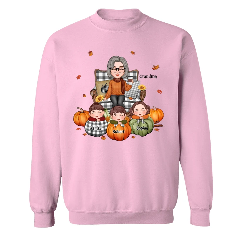 Cute Grandma Grandkids On Chair Kids On Pumpkins Personalized Shirt - Image 19