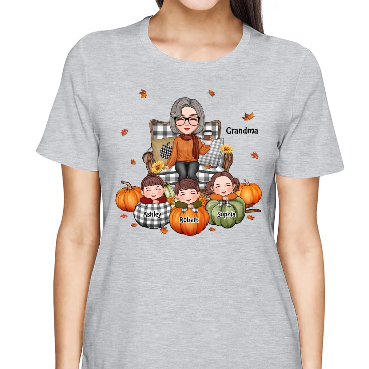 Cute Grandma Grandkids On Chair Kids On Pumpkins Personalized Shirt - Image 2