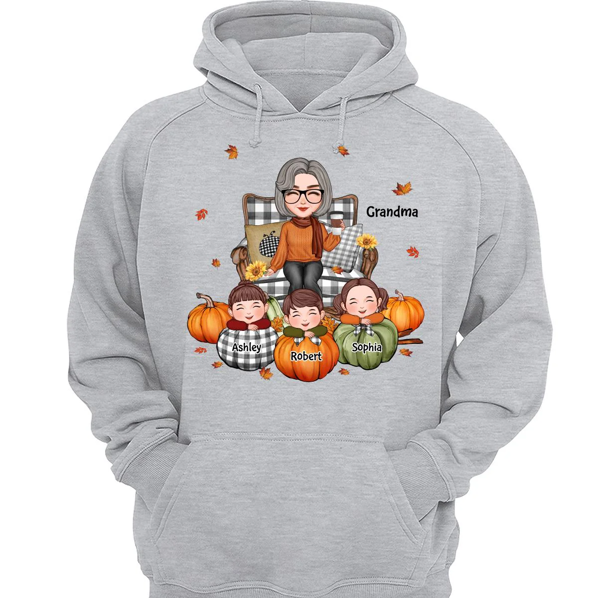 Cute Grandma Grandkids On Chair Kids On Pumpkins Personalized Shirt - Image 3