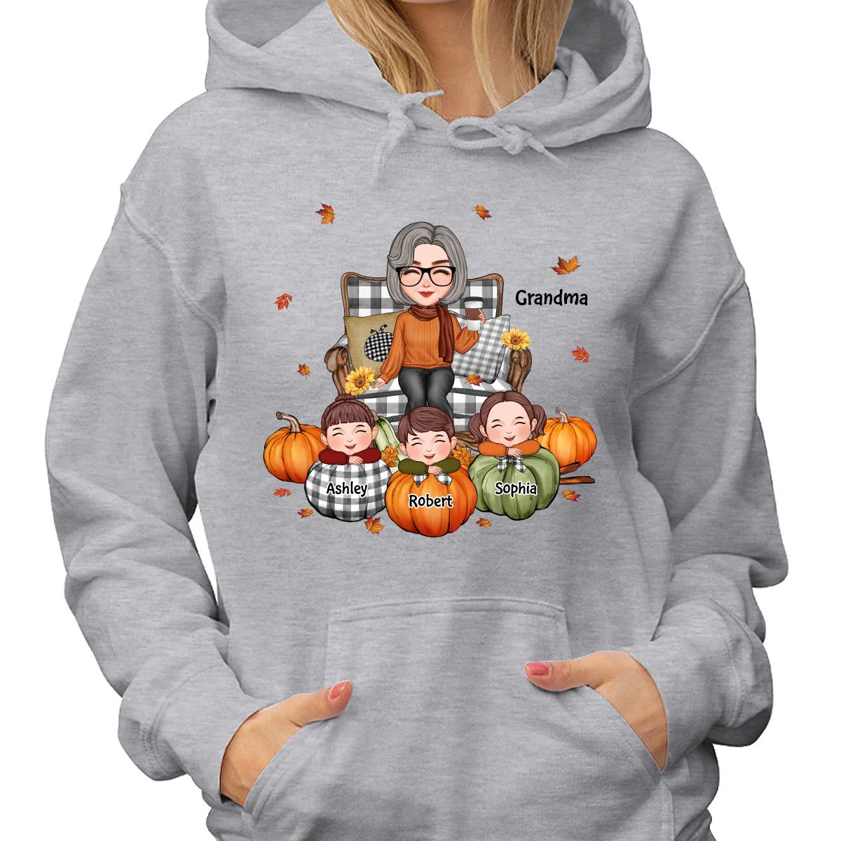 Cute Grandma Grandkids On Chair Kids On Pumpkins Personalized Shirt - Image 4