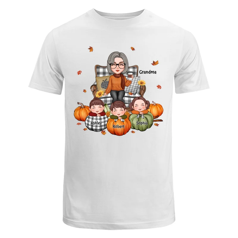 Cute Grandma Grandkids On Chair Kids On Pumpkins Personalized Shirt - Image 5