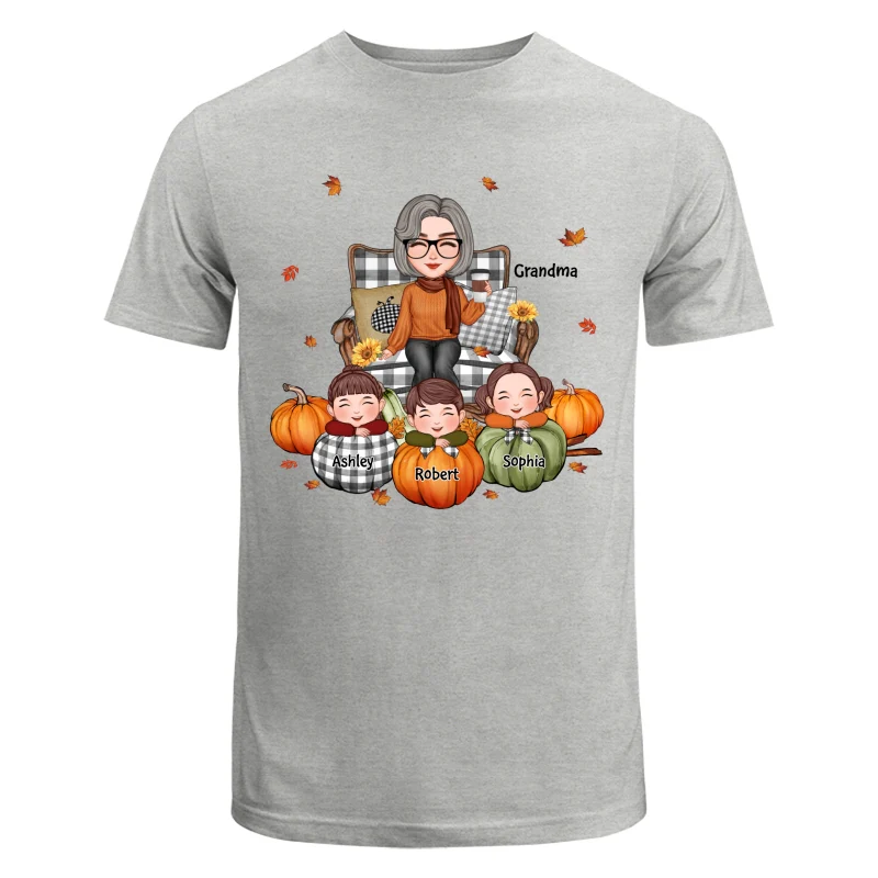 Cute Grandma Grandkids On Chair Kids On Pumpkins Personalized Shirt - Image 6