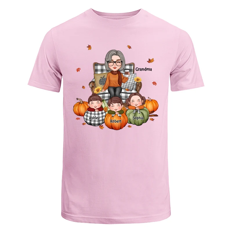 Cute Grandma Grandkids On Chair Kids On Pumpkins Personalized Shirt - Image 7