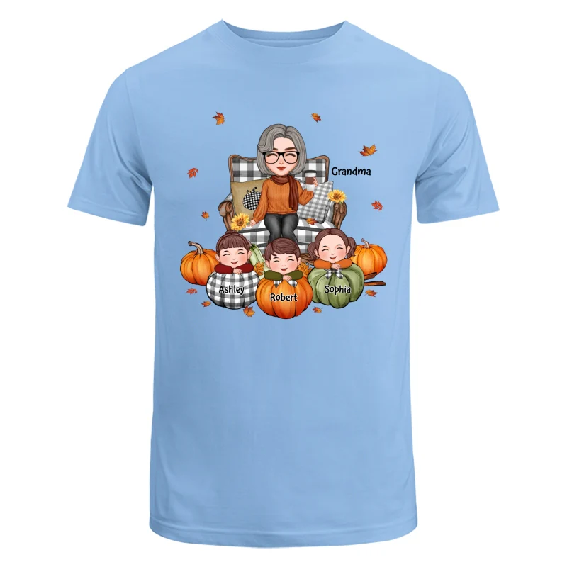 Cute Grandma Grandkids On Chair Kids On Pumpkins Personalized Shirt - Image 8