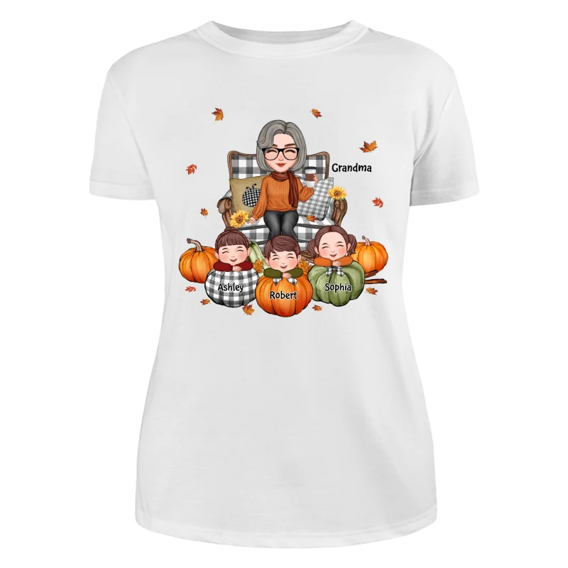 Cute Grandma Grandkids On Chair Kids On Pumpkins Personalized Shirt - Image 9
