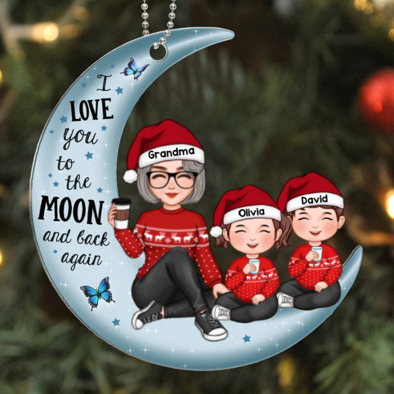 Cute Grandma & Grandkids On Moon Christmas Gift Personalized Acrylic Ornament - Image 5