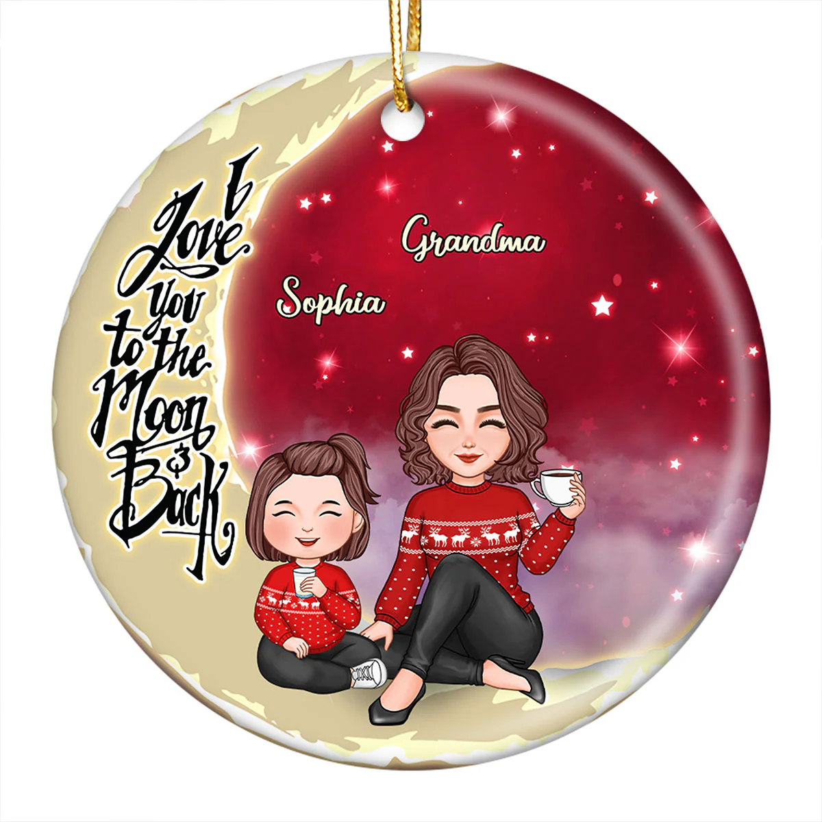 Cute Grandma Grandkids On Moon Christmas Personalized Circle Ornament