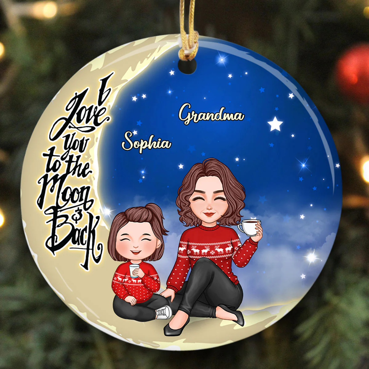 Cute Grandma Grandkids On Moon Christmas Personalized Circle Ornament - Image 2