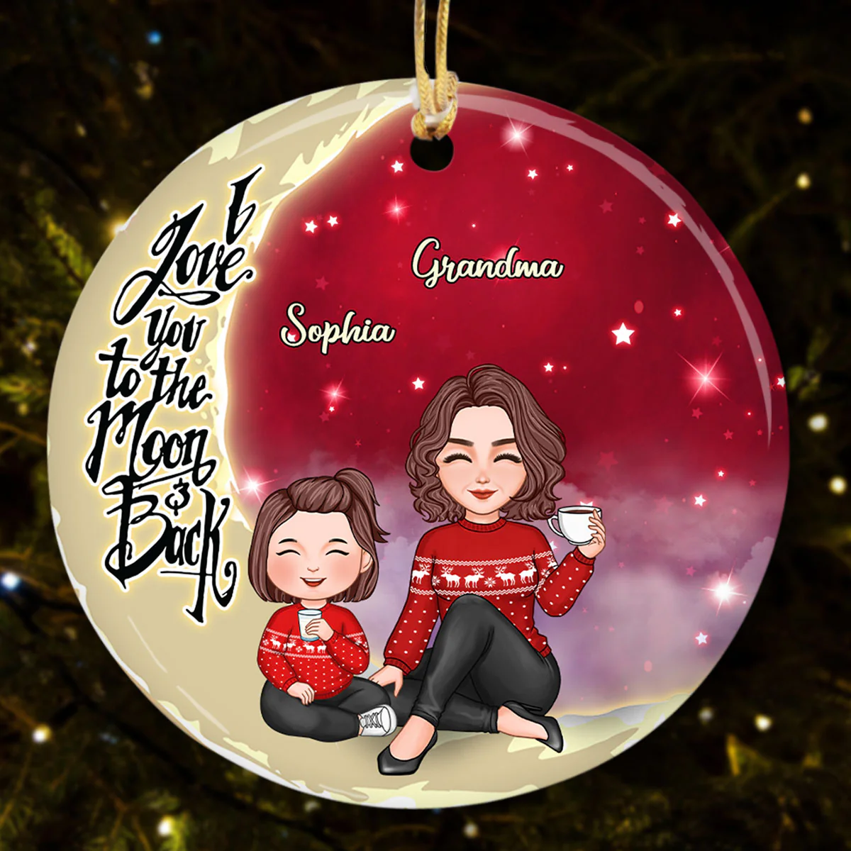 Cute Grandma Grandkids On Moon Christmas Personalized Circle Ornament - Image 3