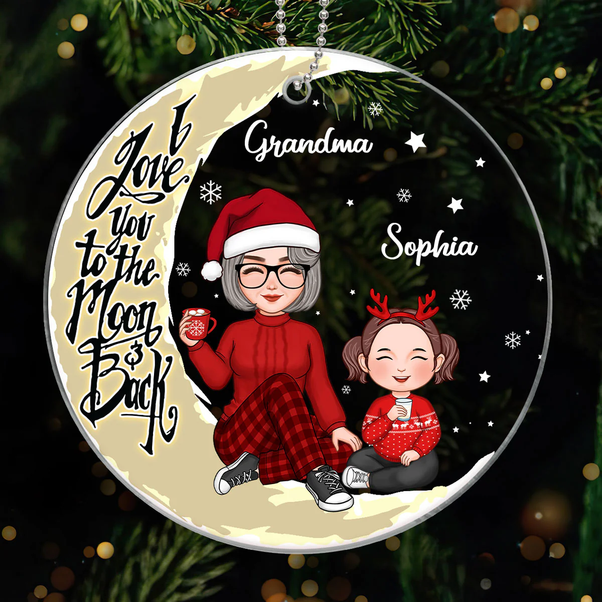 Cute Grandma & Grandkids On Yellow Moon Personalized Acrylic Ornament