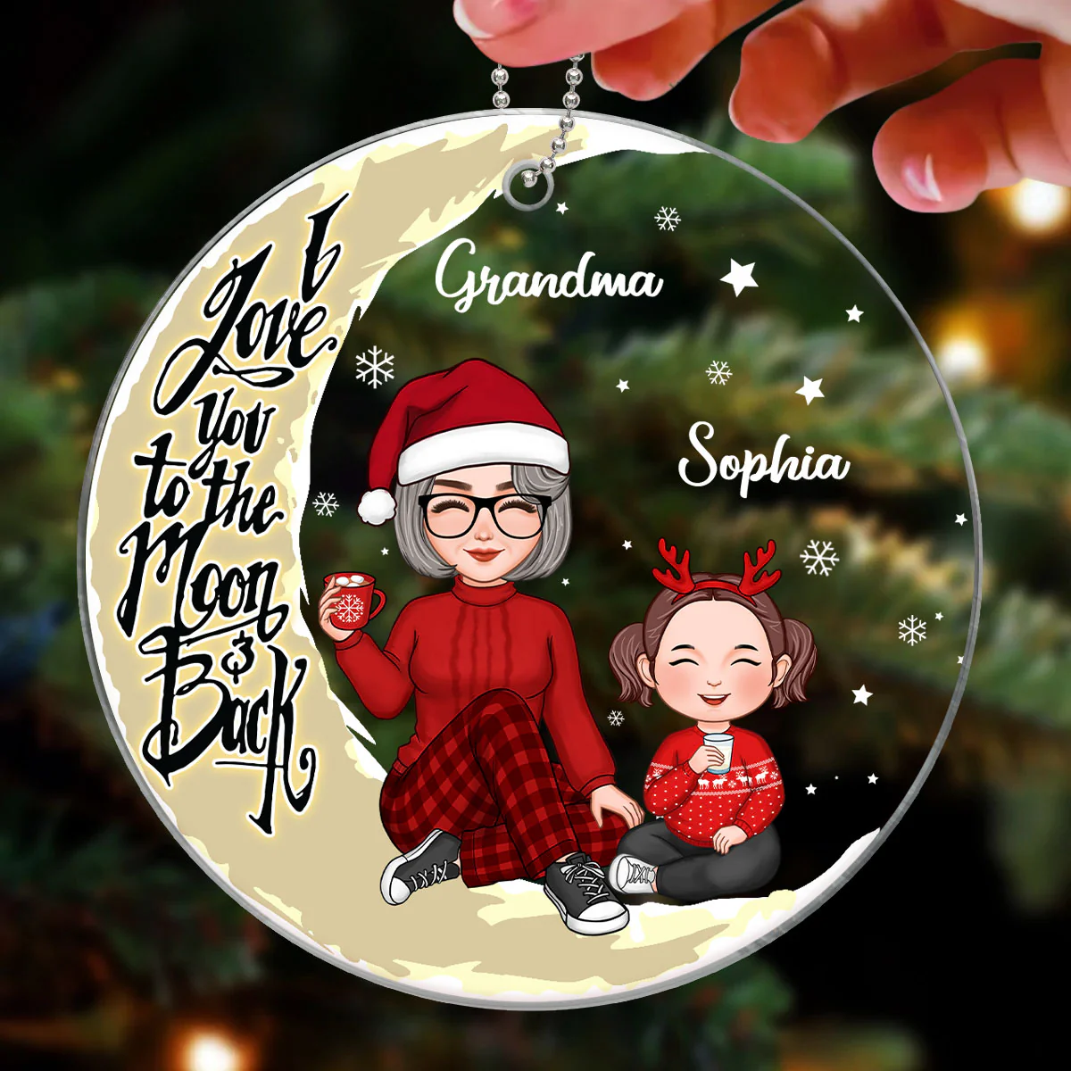 Cute Grandma & Grandkids On Yellow Moon Personalized Acrylic Ornament - Image 3