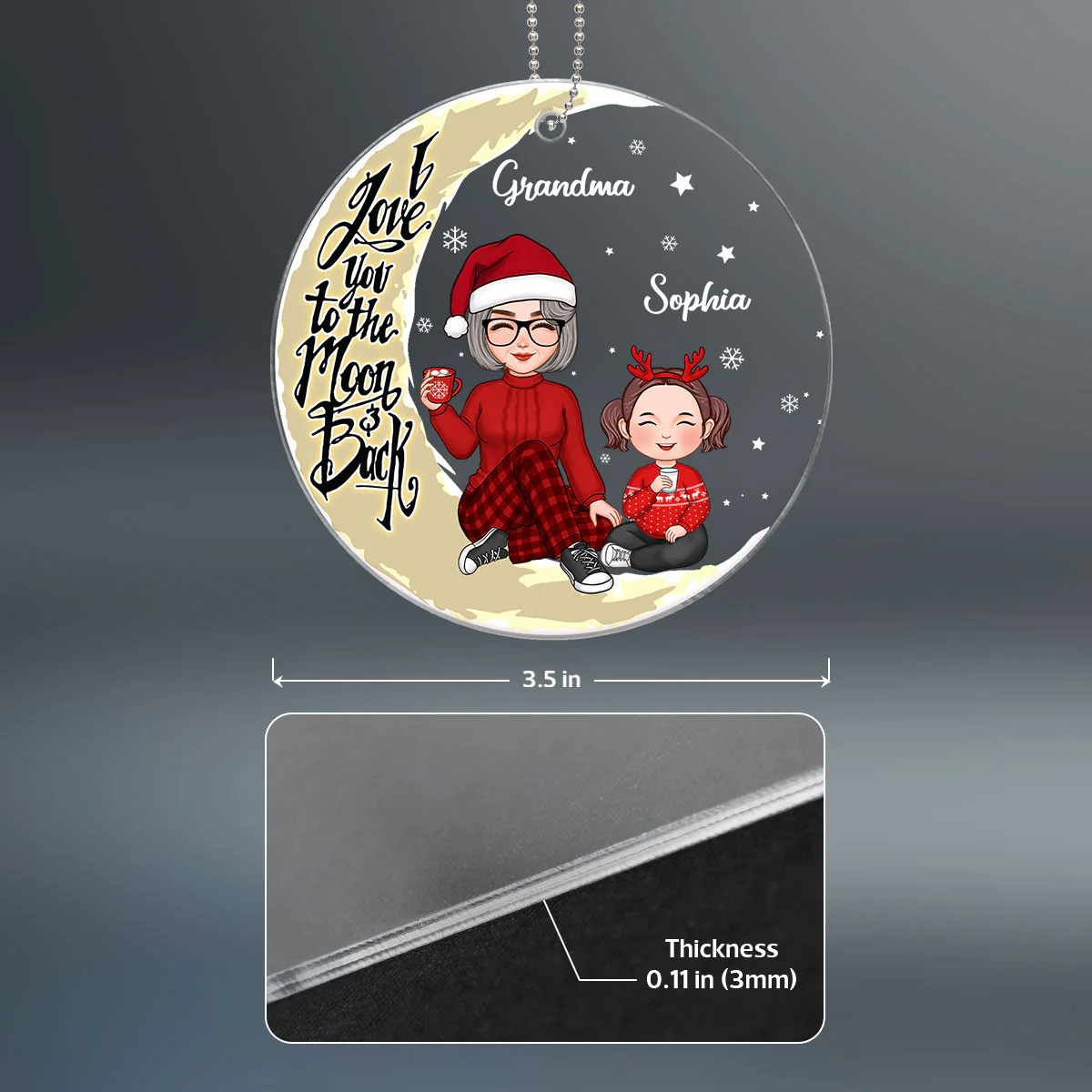 Cute Grandma & Grandkids On Yellow Moon Personalized Acrylic Ornament - Image 4