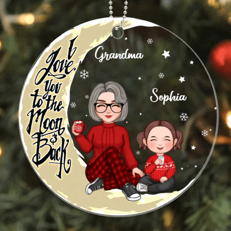 Cute Grandma & Grandkids On Yellow Moon Personalized Acrylic Ornament - Image 5