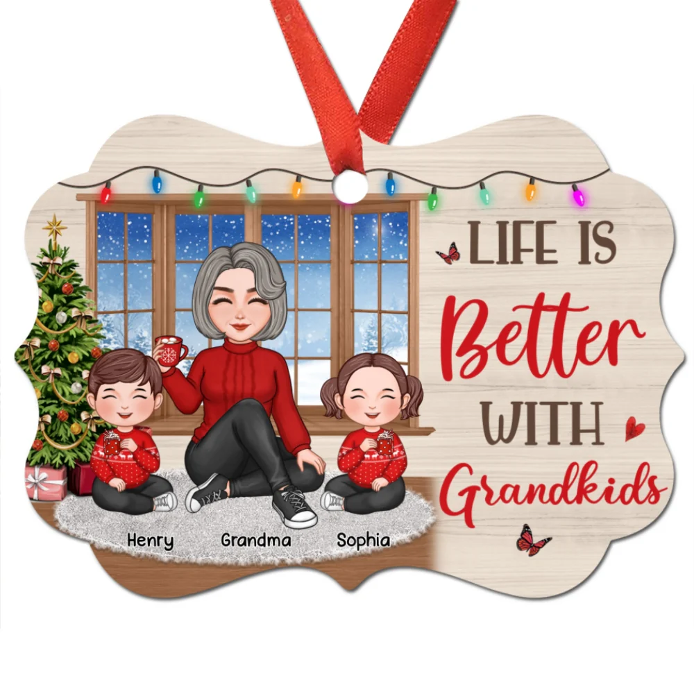 Cute Grandma Grandkids Sitting By Window Personalized Christmas Aluminum Ornament - Image 6