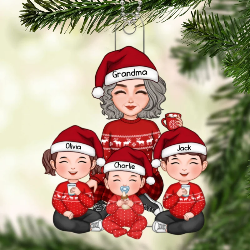 Cute Grandma Grandkids Sitting Gift For Grandson Granddaughter Personalized Acrylic Ornament - Image 5