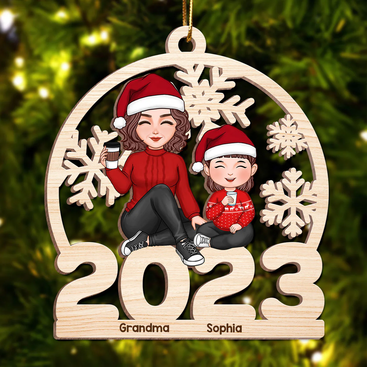 Cute Grandma Grandkids Sitting On 2023 Cut-through Personalized Wooden Ornament