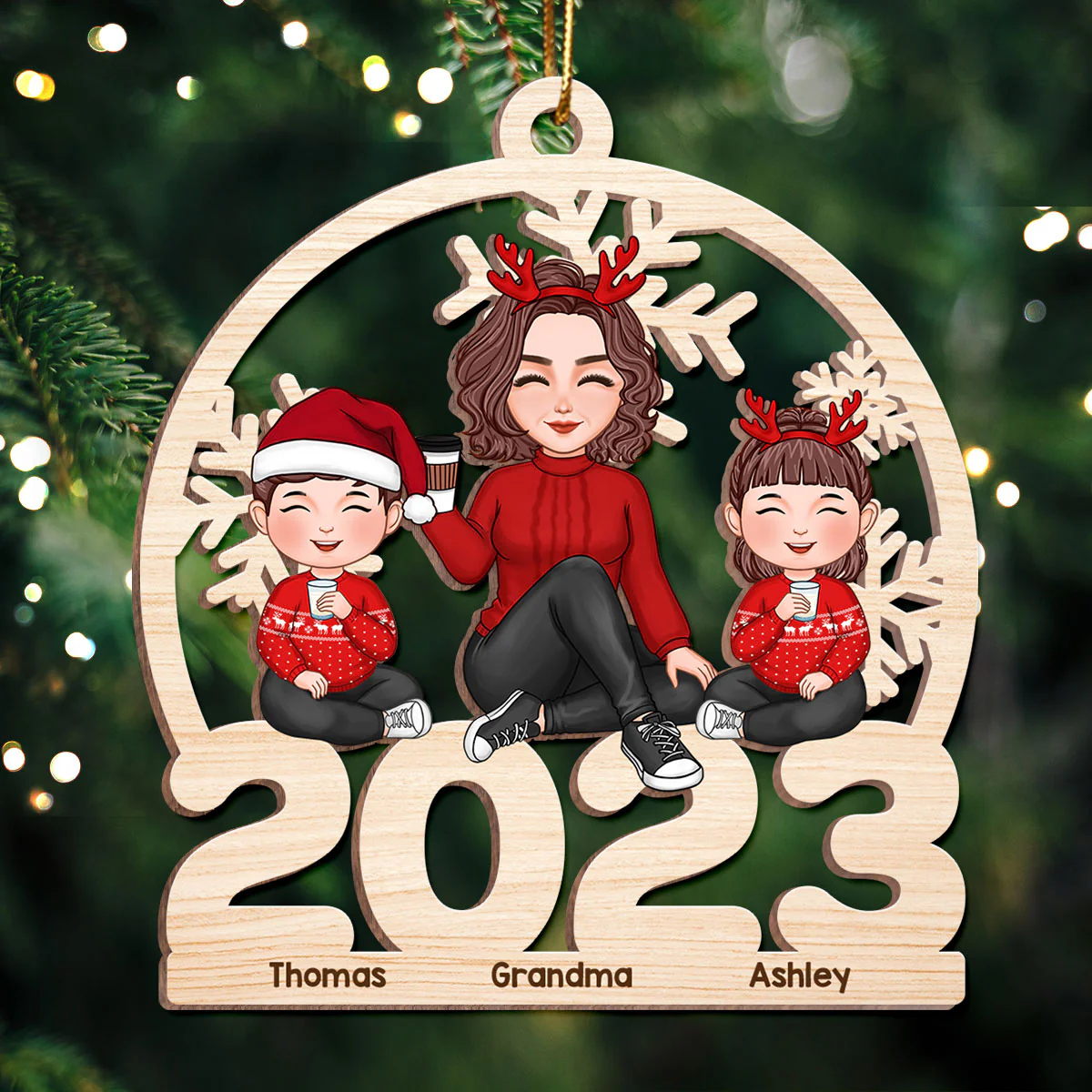 Cute Grandma Grandkids Sitting On 2023 Cut-through Personalized Wooden Ornament - Image 2