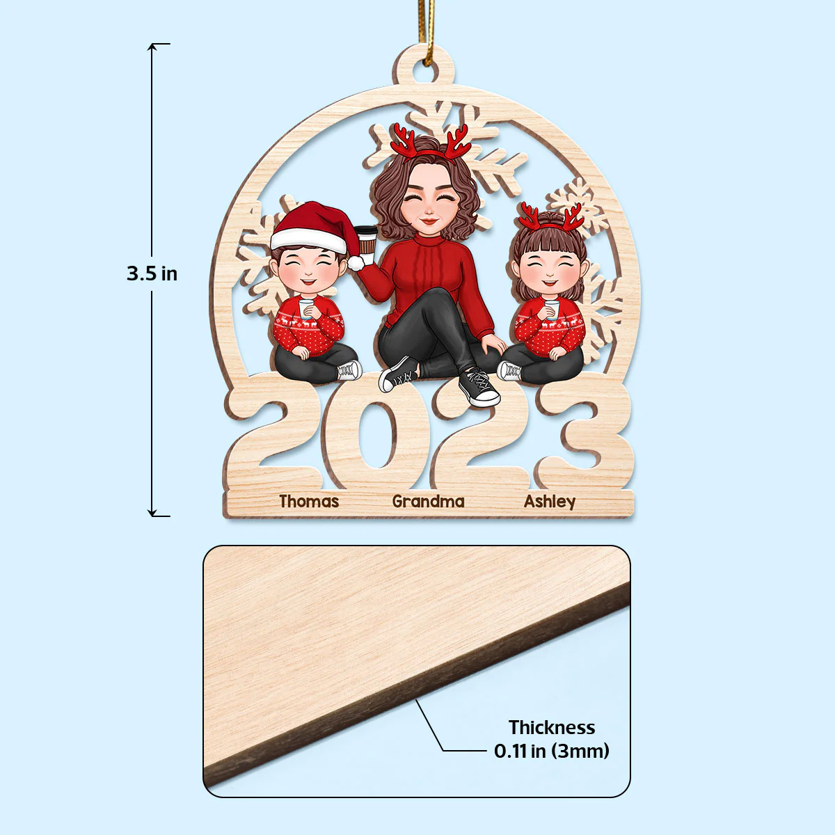 Cute Grandma Grandkids Sitting On 2023 Cut-through Personalized Wooden Ornament - Image 3