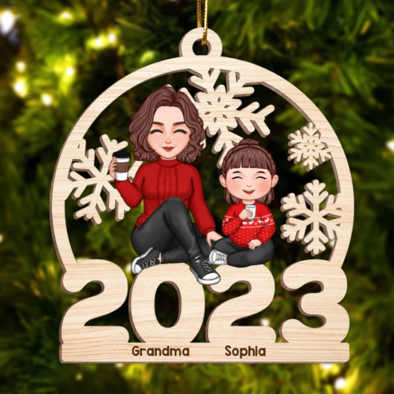 Cute Grandma Grandkids Sitting On 2023 Cut-through Personalized Wooden Ornament - Image 4