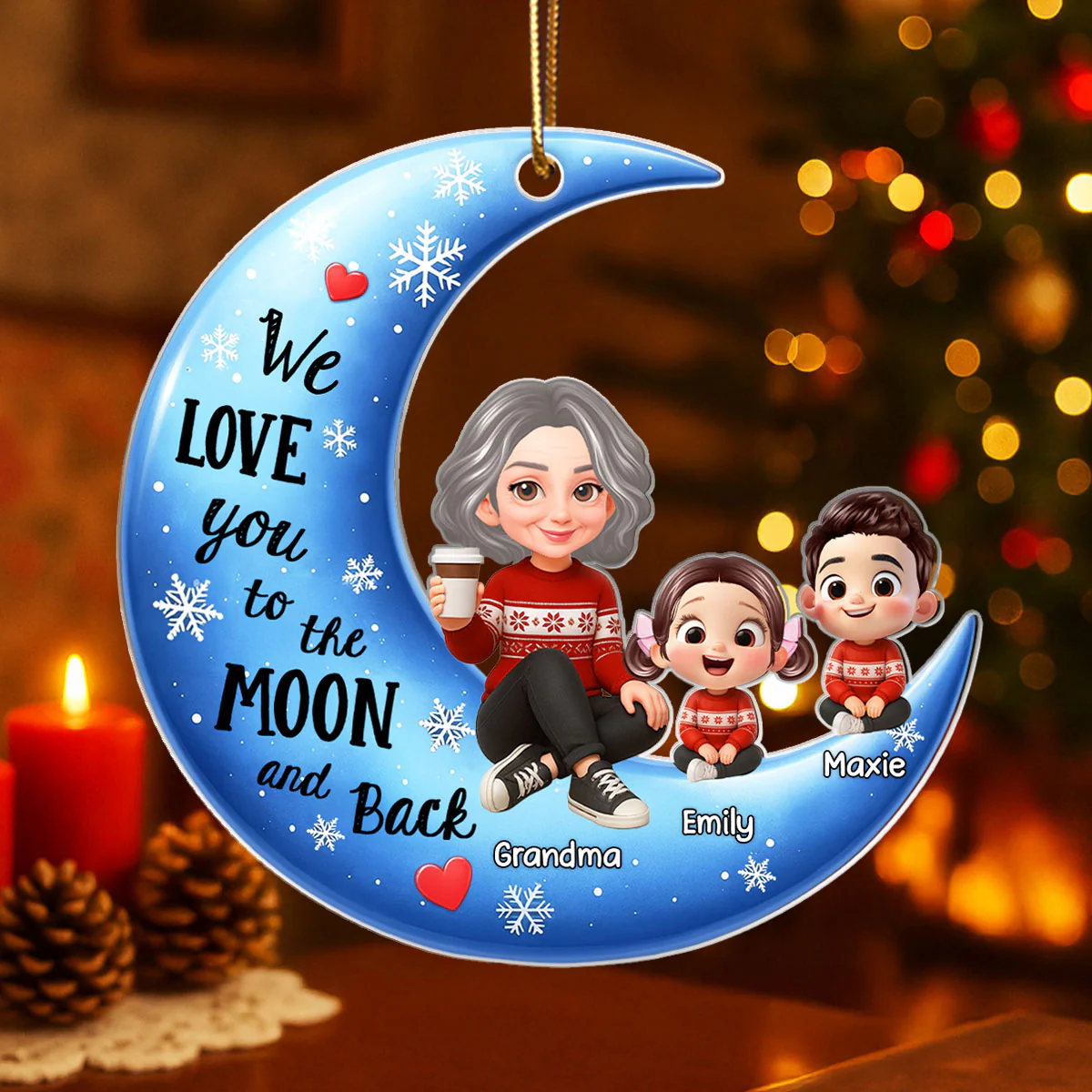 Cute Grandma Grandkids Sitting on Moon Personalized Acrylic Ornament, Christmas Gift for Grandma, Granddaughter, Grandson