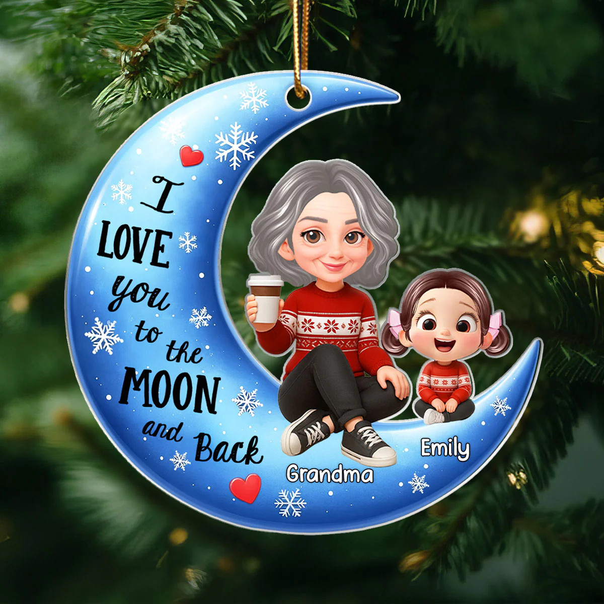 Cute Grandma Grandkids Sitting on Moon Personalized Acrylic Ornament, Christmas Gift for Grandma, Granddaughter, Grandson - Image 2