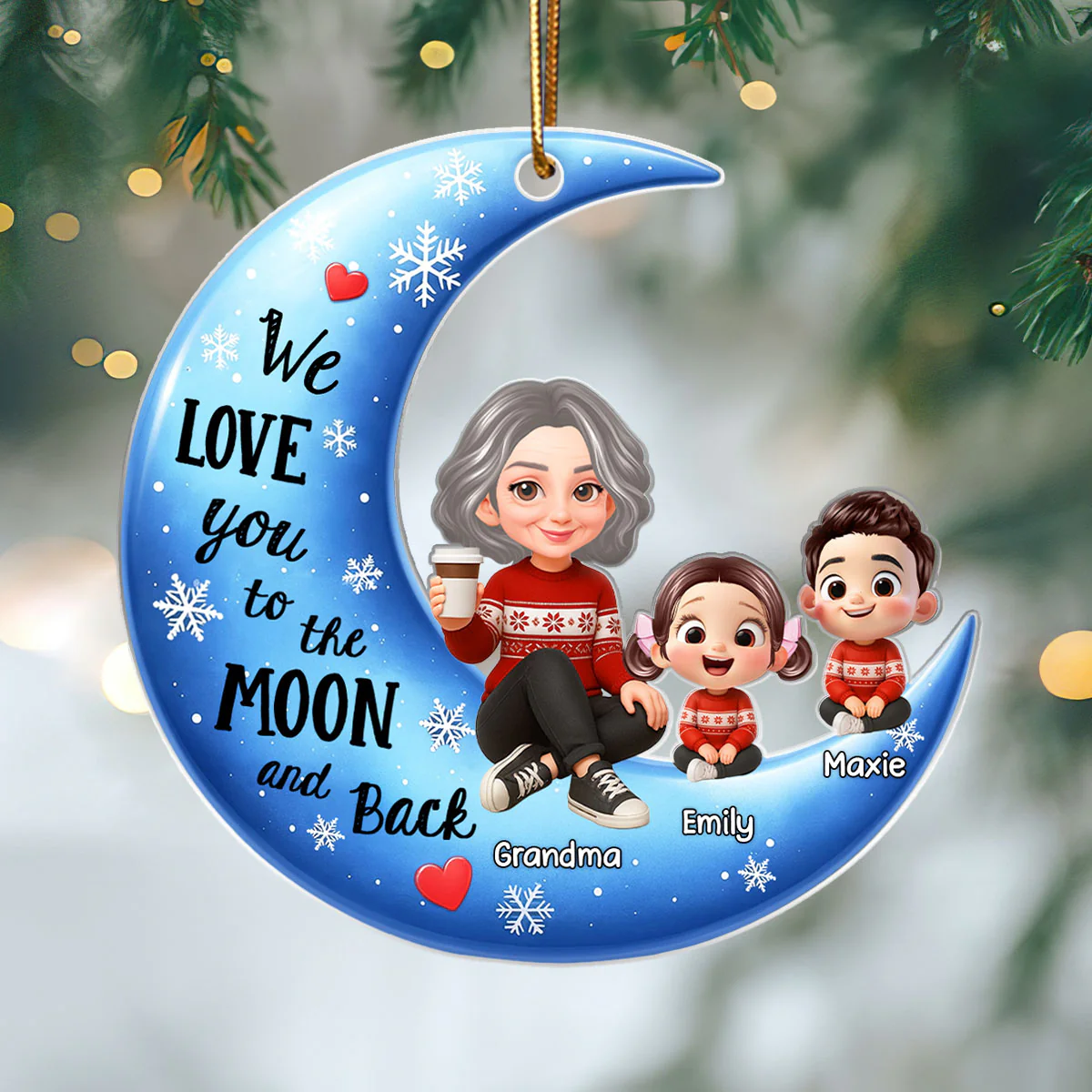 Cute Grandma Grandkids Sitting on Moon Personalized Acrylic Ornament, Christmas Gift for Grandma, Granddaughter, Grandson - Image 6