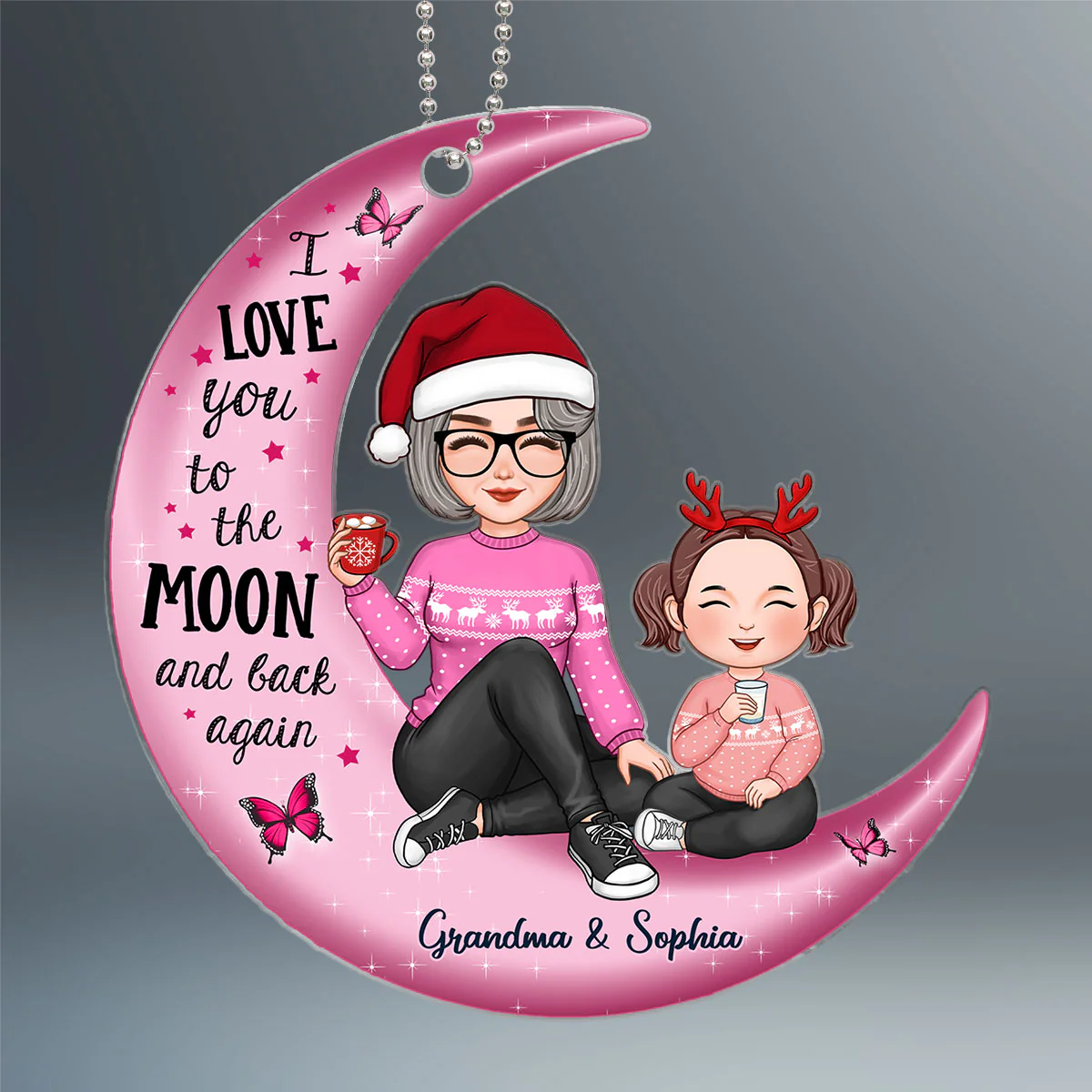 Cute Grandma Grandpa & Grandkid On Pink Moon Christmas Gift Personalized Acrylic Ornament - Image 2