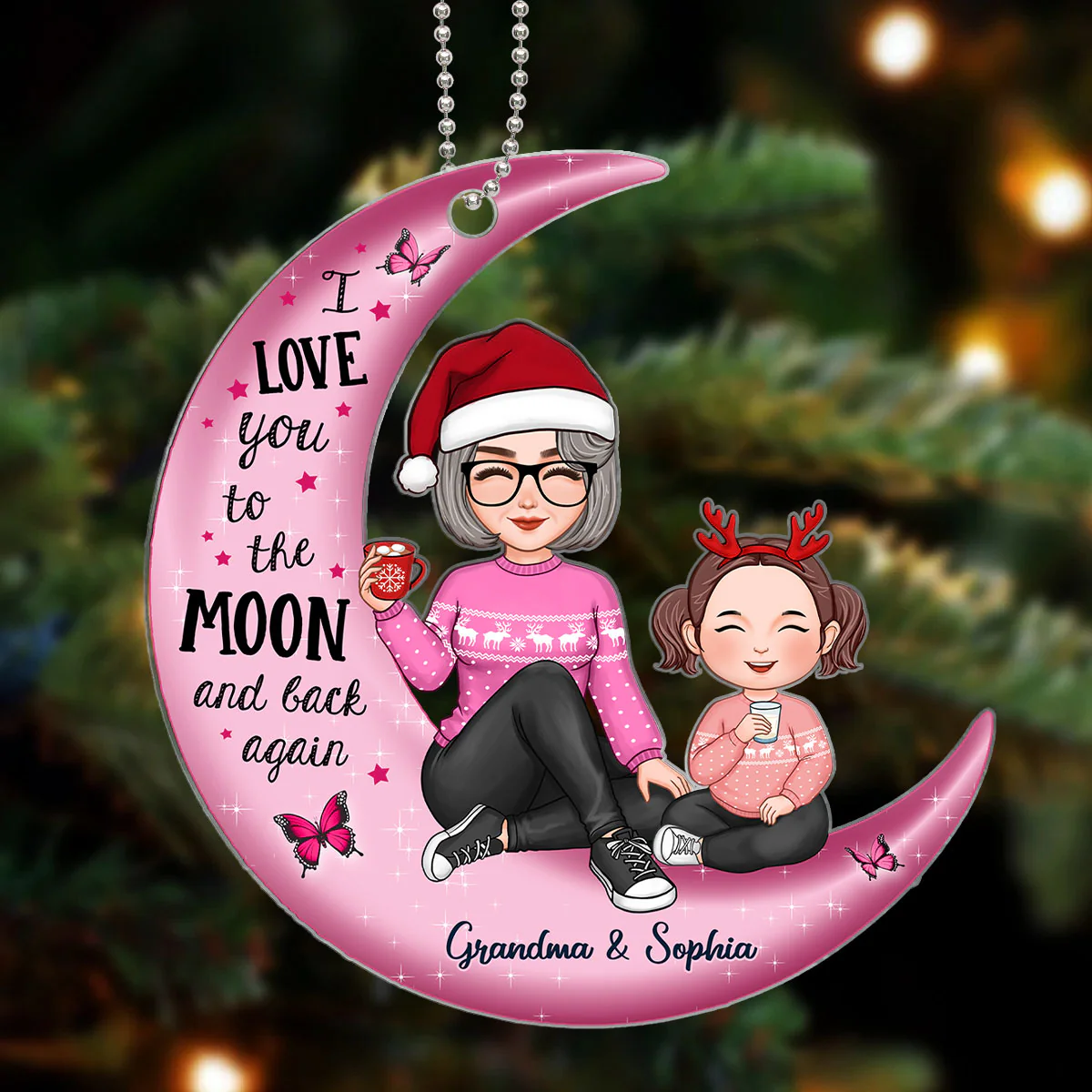 Cute Grandma Grandpa & Grandkid On Pink Moon Christmas Gift Personalized Acrylic Ornament - Image 3