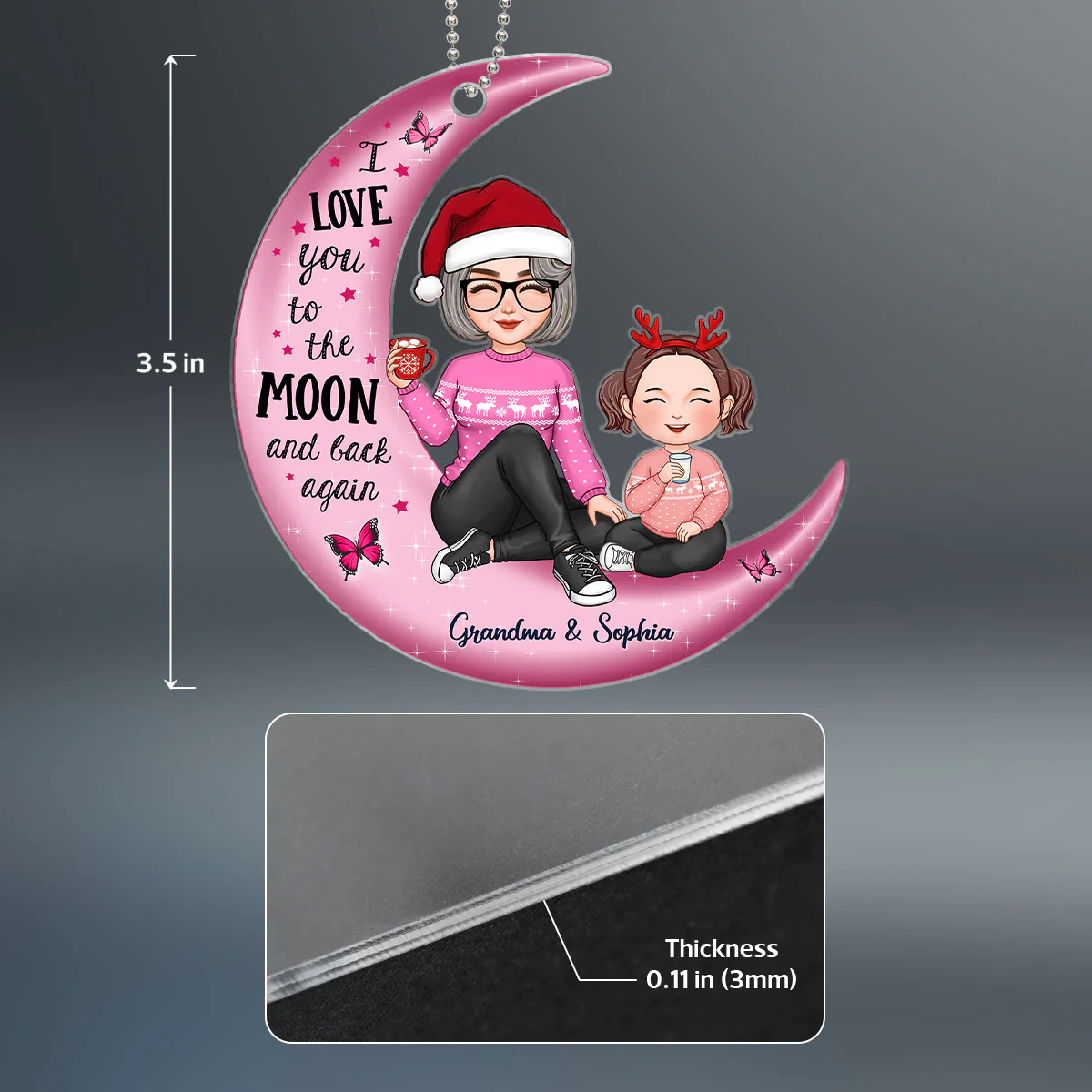 Cute Grandma Grandpa & Grandkid On Pink Moon Christmas Gift Personalized Acrylic Ornament - Image 4