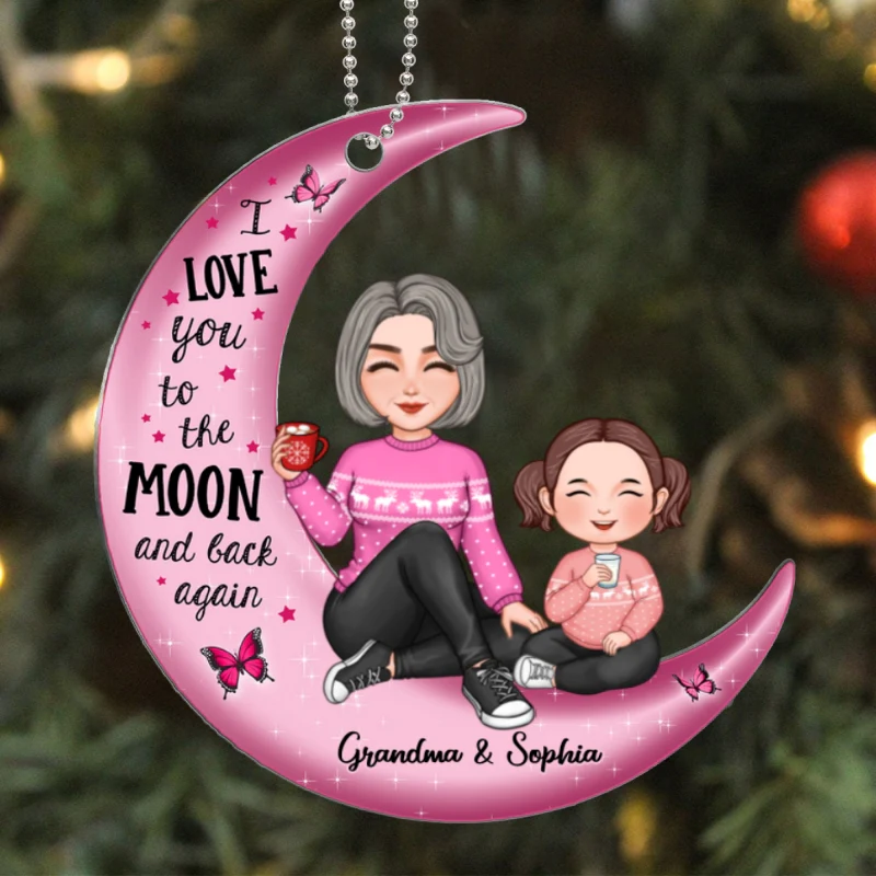 Cute Grandma Grandpa & Grandkid On Pink Moon Christmas Gift Personalized Acrylic Ornament - Image 5