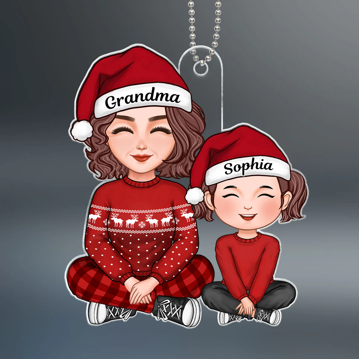Cute Grandma Grandpa & Grandkid Sitting Crossed Legs Christmas Gift Personalized Acrylic Ornament - Image 2